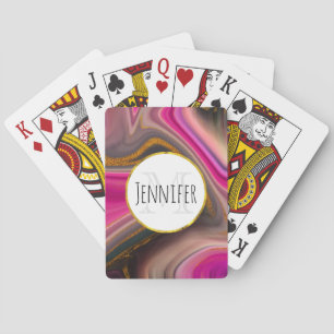 Pink and Black Abstract with Gold Swirls Monogram Playing Cards