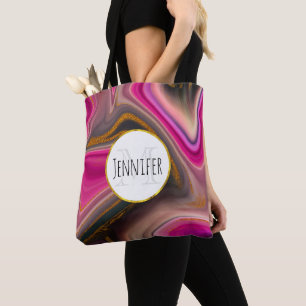 Pink and Black Abstract with Gold Swirls Monogram Tote Bag