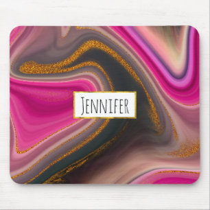 Pink and Black Abstract with Gold Swirls Mouse Pad