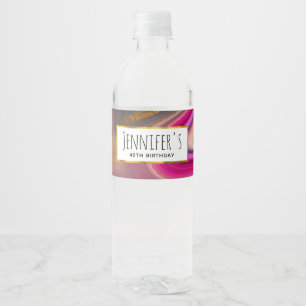 Pink and Black Abstract with Gold Swirls Party Water Bottle Label