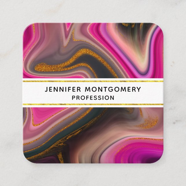Pink and Black Abstract with Gold Swirls Square Business Card (Front)