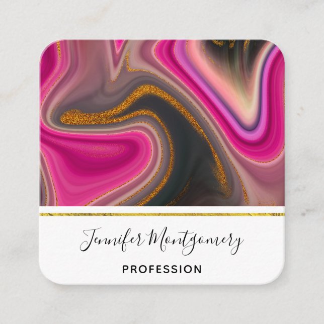 Pink and Black Abstract with Gold Swirls  Square Business Card (Front)