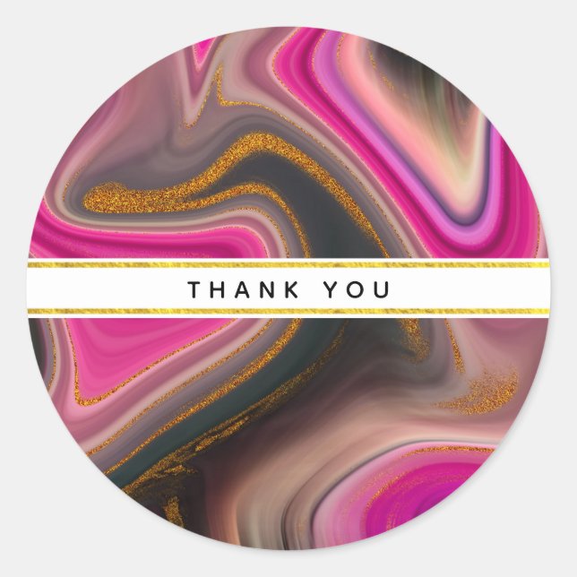 Pink and Black Abstract with Gold Swirls Thank You Classic Round Sticker (Front)