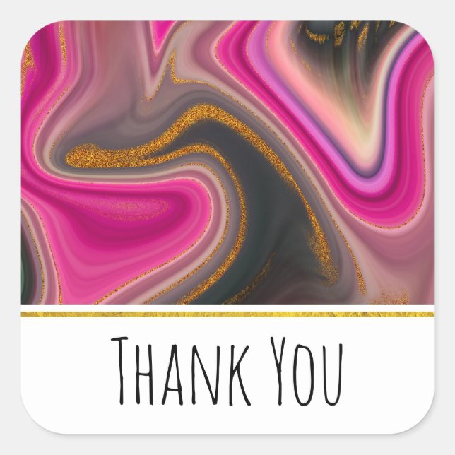 Pink and Black Abstract with Gold Swirls Thank You Square Sticker (Front)