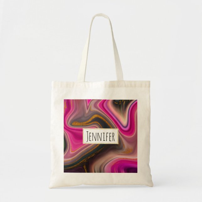Pink and Black Abstract with Gold Swirls  Tote Bag (Front)