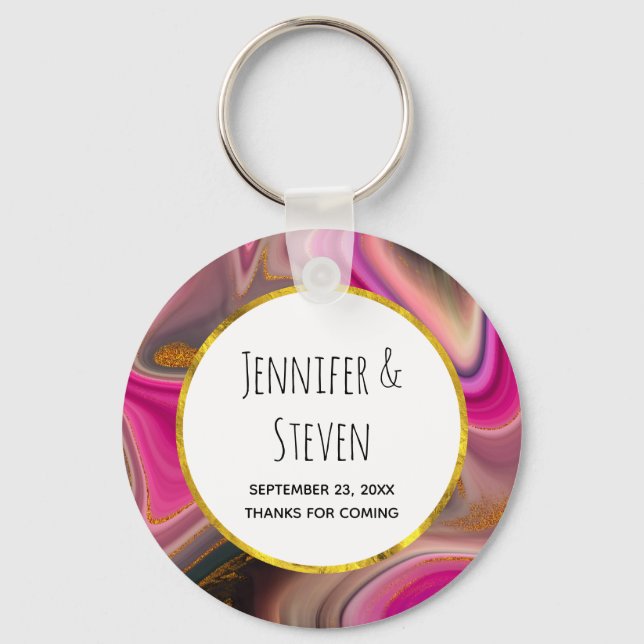 Pink and Black Abstract with Gold Swirls Wedding Key Ring (Front)