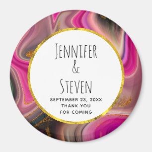 Pink and Black Abstract with Gold Swirls Wedding Magnet