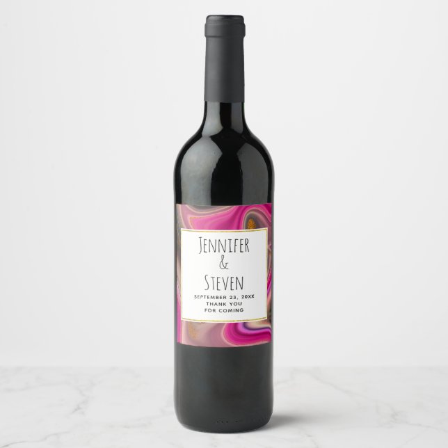 Pink and Black Abstract with Gold Swirls Wedding Wine Label (Front)