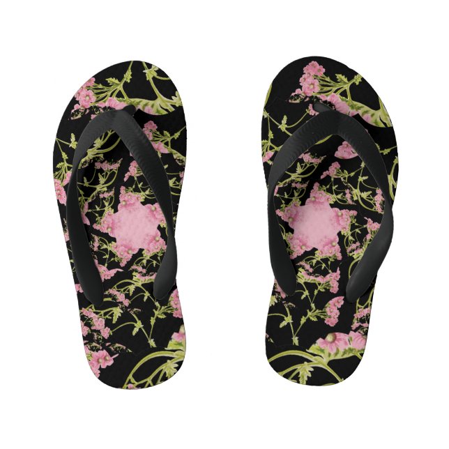 Pink and black Achillea fractal art Kid's Thongs (Footbed)