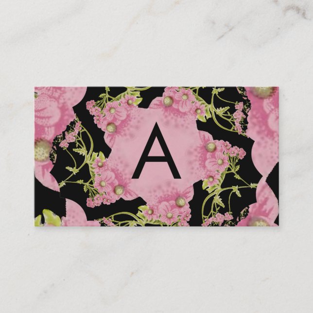 Pink and black Achillea Monogram Business Card (Front)