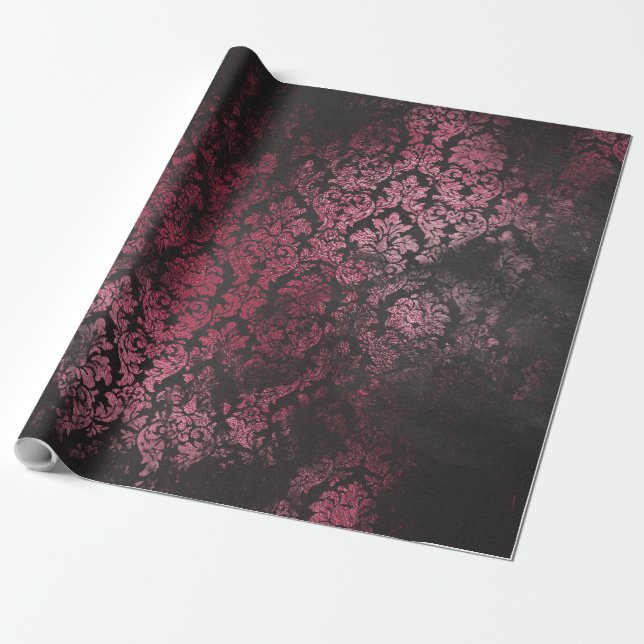 Pink and Black Antique Scratch Grunge Damask 16 Wrapping Paper (Unrolled)