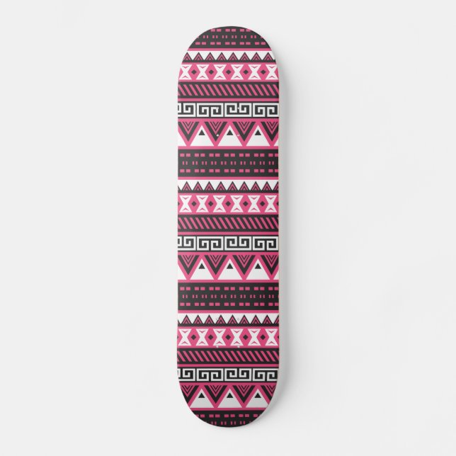 Pink and Black Aztec Tribal Pattern Design Skateboard (Front)