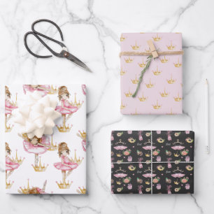 Pink and Black Ballerina Gold Crown Wrapping Paper Sheet