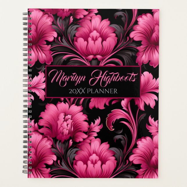 Pink and Black Baroque Floral Planner (Front)