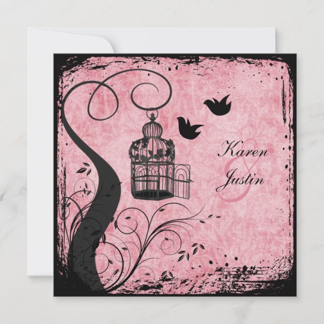 Pink and Black Birdcage Lovebirds on Linen Invite (Front)