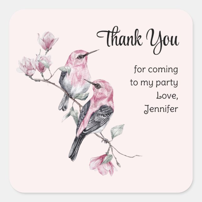 Pink and Black Birds on a Branch Party Thank You Square Sticker (Front)