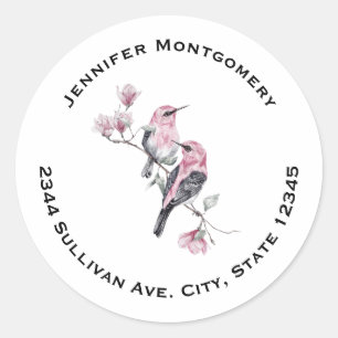 Pink and Black Birds on a Tree Branch Address Classic Round Sticker