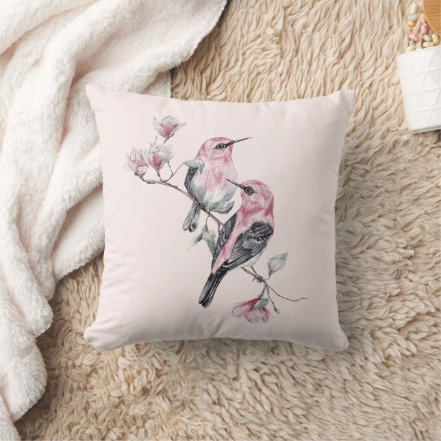 Pink and Black Birds on a Tree Branch Cushion (Blanket)