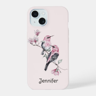 Pink and Black Birds on a Tree Branch iPhone 15 Case