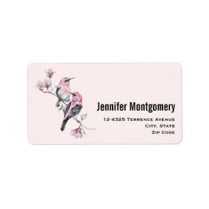 Pink and Black Birds on a Tree Branch Label