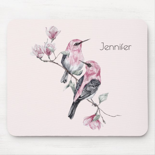 Pink and Black Birds on a Tree Branch Mouse Pad (Front)