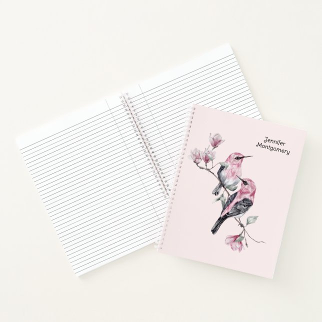Pink and Black Birds on a Tree Branch Notebook (Inside)