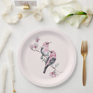 Pink and Black Birds on a Tree Branch Paper Plate