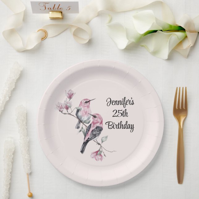 Pink and Black Birds on a Tree Branch Paper Plate (Wedding)