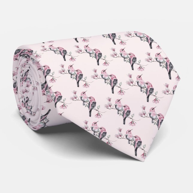 Pink and Black Birds on a Tree Branch Pattern Tie (Rolled)