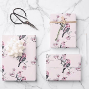 Pink and Black Birds on a Tree Branch Pattern -  Wrapping Paper Sheet