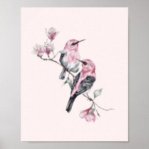 Pink and Black Birds on a Tree Branch Poster