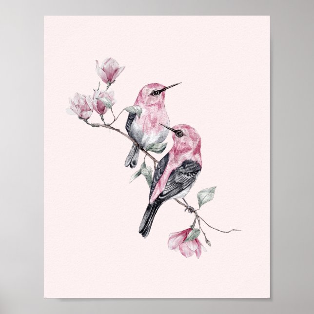 Pink and Black Birds on a Tree Branch Poster (Front)