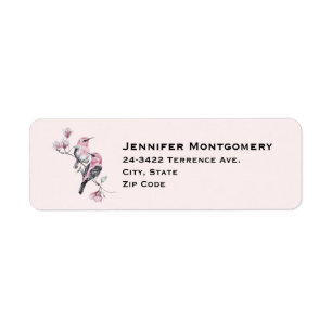 Pink and Black Birds on a Tree Branch Return Address Label