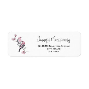 Pink and Black Birds on a Tree Branch Return Address Label