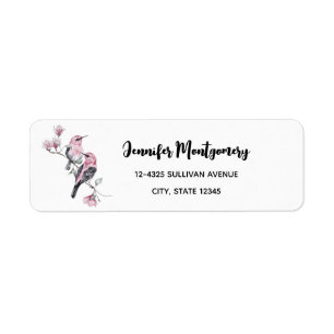 Pink and Black Birds on a Tree Branch Return Address Label