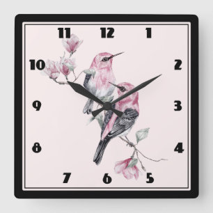 Pink and Black Birds on a Tree Branch Square Wall Clock