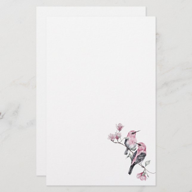 Pink and Black Birds on a Tree Branch Stationery (Front/Back)
