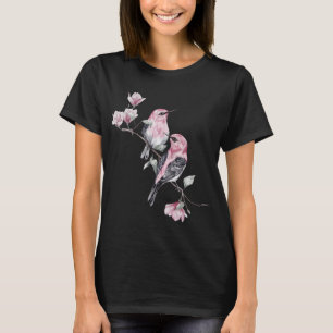 Pink and Black Birds on a Tree Branch T-Shirt