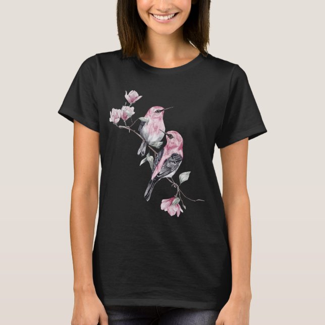Pink and Black Birds on a Tree Branch T-Shirt (Front)
