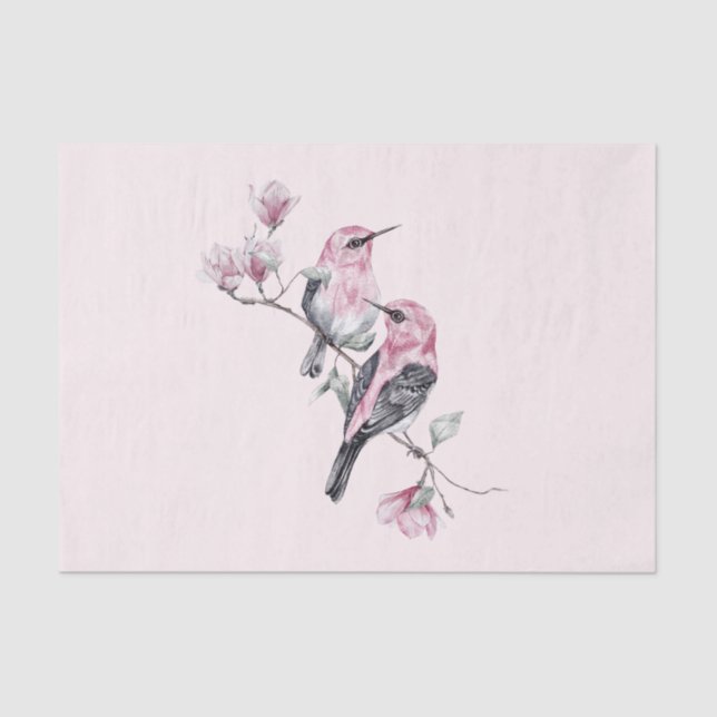 Pink and Black Birds on a Tree Branch Tissue Paper (Front)