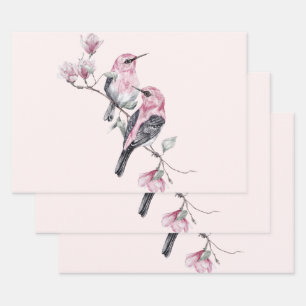 Pink and Black Birds on a Tree Branch Wrapping Paper Sheet