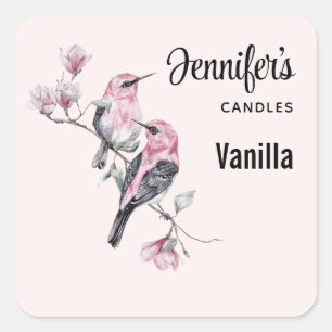 Pink and Black Birds on a Tree Candle Business Square Sticker