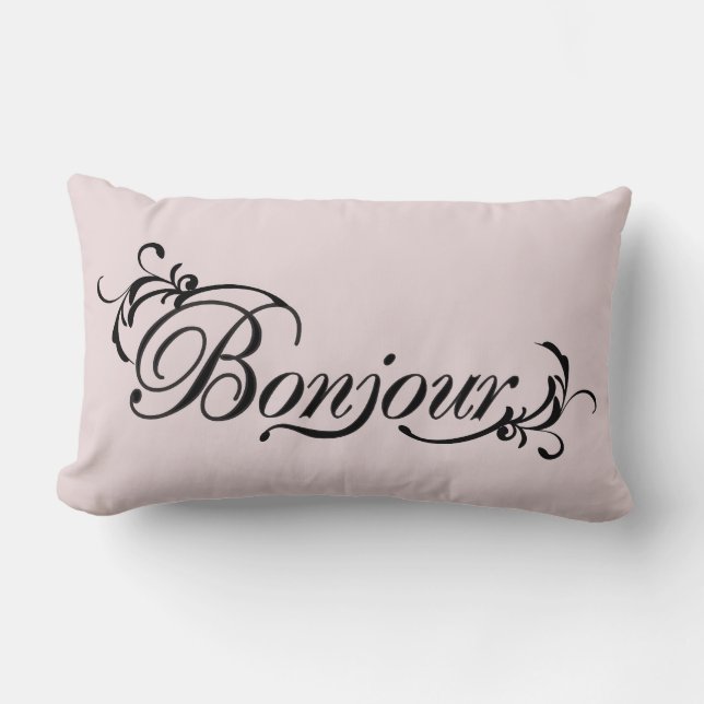 Pink and Black Bonjour Throw Pillow (Front)
