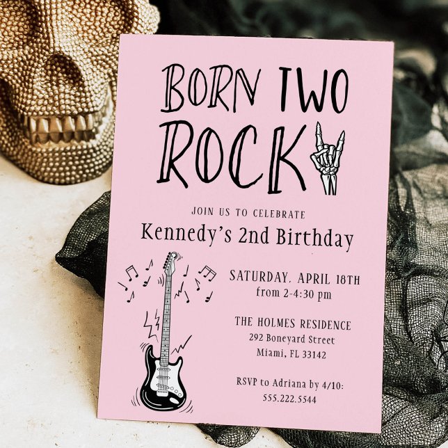 Pink and Black Born Two Rock Guitar 2nd Birthday Invitation (Creator Uploaded)