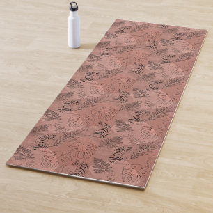 Pink And Black Botanical Line Art Tiger Pattern Yoga Mat