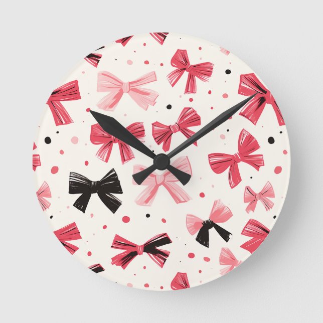 Pink and Black Bow Print Round Clock (Front)