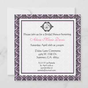 Pink and Black Bridal Shower Damask Invitation