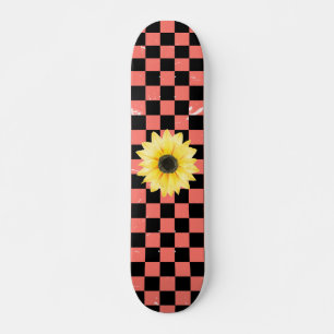 pink and black Checkered & Sunflower  Skateboard