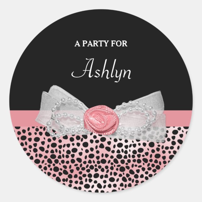 Pink and Black Cheetah Print Cute Bow Party Name Classic Round Sticker (Front)