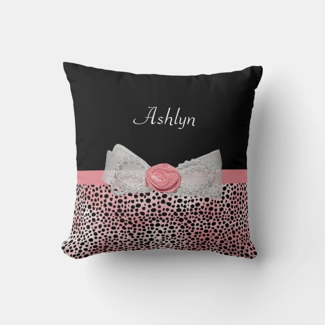 Pink and Black Cheetah Print Cute Bow With Name Cushion (Front)